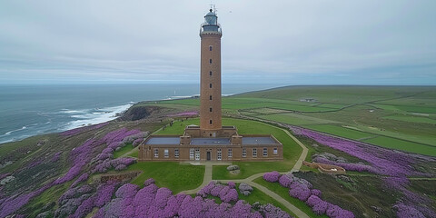Poster - A beautiful view of a lighthouse and a beach with a purple flower field