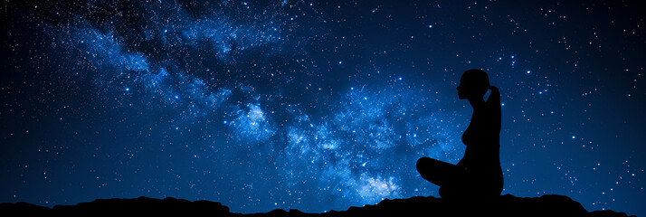 Wall Mural - a woman is sitting on a hillside under a starry sky