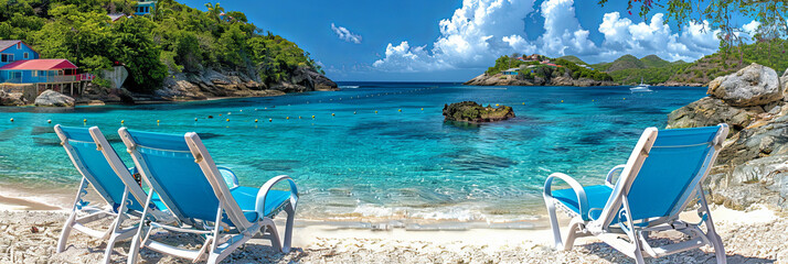Poster - A beautiful beach with a blue ocean and three white beach chairs