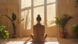 The photo shows a woman sitting in a yoga pose in front of a window