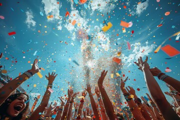 Wall Mural - hands raised in a crowd celebrating with vibrant confetti under a blue sky, expressing joy and festi