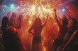 © Larisa AI - A lively scene at a nightclub dance floor with people's hands raised, colorful lights, and a smoky atmosphere