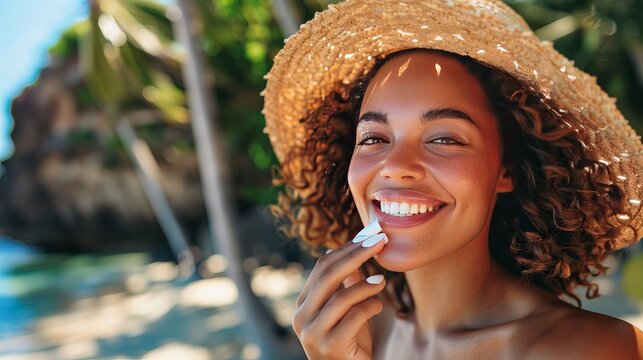 smiling young woman applying sun protection on her lip outdoor
