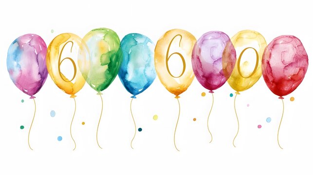 watercolor 60th birthday clip art with 60 figures and balloons isolated on white background