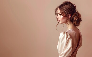 Sticker - Young woman with elegant low bun hairstyle in satin blouse on beige background. Side profile studio portrait. Sophisticated beauty and fashion concept. Design for poster, banner.