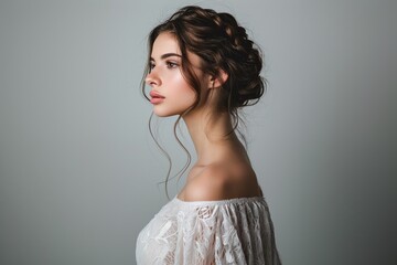 Canvas Print -  Young woman with fishtail braid updo wearing a lace top on gray background. Side profile studio portrait. Romantic hairstyle and fashion concept. Design for poster, banner.