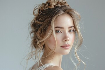 Wall Mural - Young woman with half-up braided crown hairstyle on light grey background. Studio portrait. Bridal beauty and hairstyle concept. Design for poster, banner.