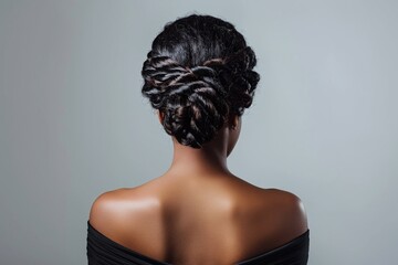 Wall Mural - Woman with intricate braided updo hairstyle on gray background. Rear view studio portrait. Elegant hair styling concept. Design for poster, banner.