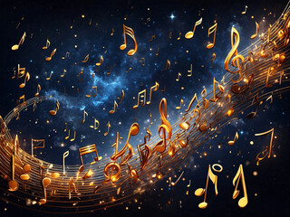 Wall Mural - Cosmic symphony of music notes, cosmos and cosmic space as a theatre for melody written by music notes