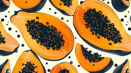 Wall Mural - Papaya pattern. Hand drown flat summer illustration. Concept print for web banner.	