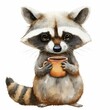 Cute raccoon with coffee cup isolated, simple flat illustration, copy space. Flat design, kids book cover or print concept