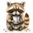 Cute raccoon with coffee cup isolated, simple flat illustration, copy space. Flat design, kids book cover or print concept