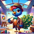 A vibrant and whimsical cartoon illustration of a stylish peacock protagonist.
