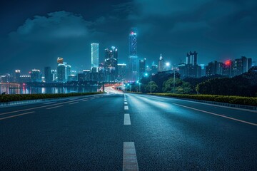 Asphalt road and city skyline with modern building at night in Suzhou, China - generative ai