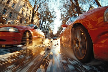 A dynamic photo capturing two red sports cars racing on a wet city road with water splashes and motion blur