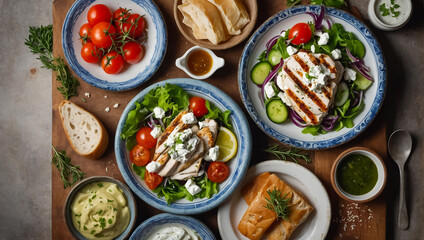 Different Greek food in plates