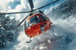 A vibrant red helicopter battles a fierce blizzard, representing bravery and the challenge of nature's extremities