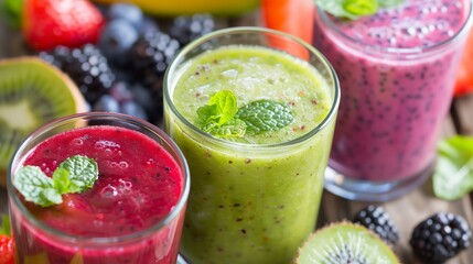 Poster - a close up of three glasses of fruit smoothie on a table