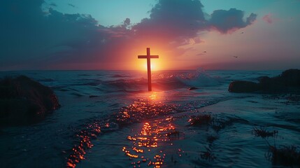 Wall Mural - a cross on a beach at sunset with a bird flying over it