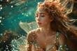mermaid woman with long hair is in the water with bubbles around her