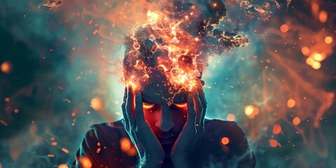 person with a fireball in their head, anger and hiding negative emotions, mental health concept