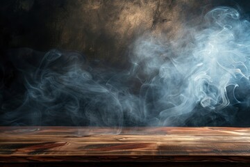 empty wooden table with smoke float up on dark background Empty Space for display your products - generative ai