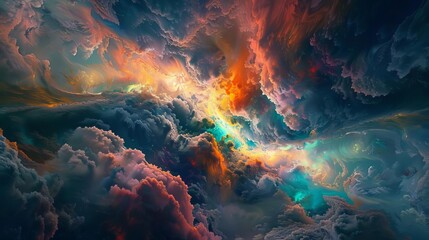 Wall Mural - dramatic explosion of colorful clouds in dark night sky abstract cosmic scene surreal digital art