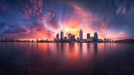 Wall Mural - Stunning City Skyline Silhouetted Against Setting Sun