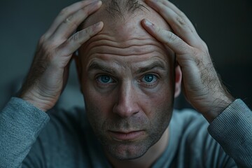 A man with a bald head is looking at the camera with his hands on his head, baldness concept