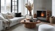 cozy scandinavian living room with wood slab coffee table and sofa near fireplace interior design photography
