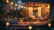 cozy suburban house patio with garden lights at summer evening outdoor living digital painting