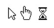Cursor pixel mouse arrow pointer click icon. Vector pixel cursor arrow www finger sand hourglass icon.