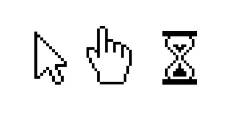 Cursor pixel mouse arrow pointer click icon. Vector pixel cursor arrow www finger sand hourglass icon.