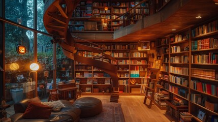 Wall Mural - A cozy living room with a large bookcase and a ladder leading up to it