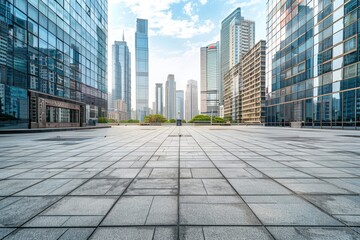 Empty square floor and city skyline with building background - generative ai