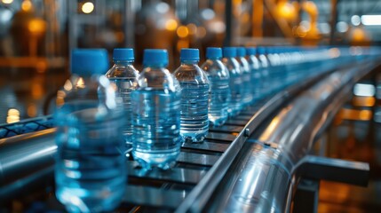 Wall Mural - Beverage production line featuring a stream of filled water bottles on the conveyance system