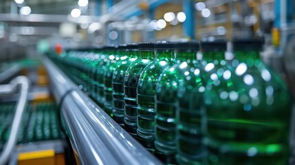 Wall Mural - Beverage production line featuring a stream of filled water bottles on the conveyance system