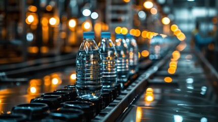 Wall Mural - Beverage production line featuring a stream of filled water bottles on the conveyance system