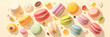 Colorful macarons are a sweet cake that is perfect for dessert. A variety of delicious macarons floating in the air to whet your appetite.