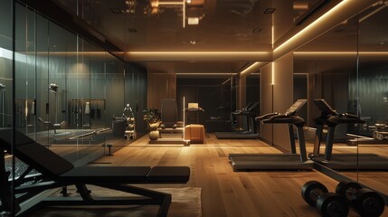 Canvas Print - A gym with a mirrored wall and a red light