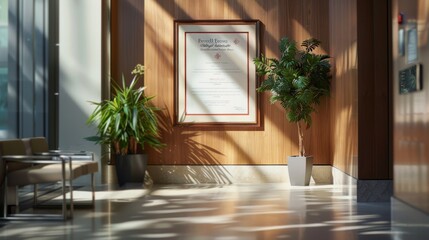 A large framed certificate hangs on a wall in a hallway