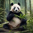the panda is sitting in a forest eating bamboo leaves from the tree