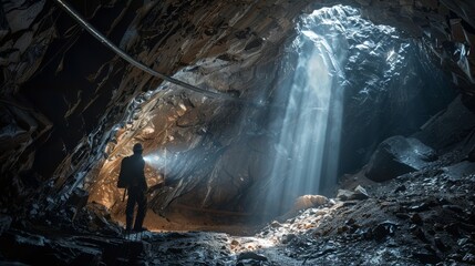 Wall Mural - A man is swimming in a dark cave with sunlight shining on him