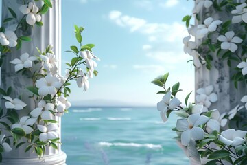 Wall Mural - delicate white jasmine flower in ancient roman temple by the sea simplistic 3d rendering