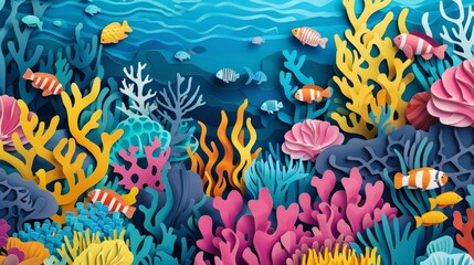 Poster - vibrant coral reef teeming with marine life colorful underwater ecosystem cut out illustration