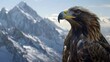 Close-up of an eagle against the backdrop of snow-covered mountains in winter. generative AI image