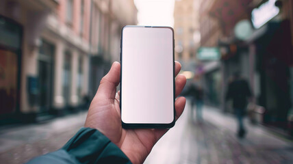 holding a smartphone, with a blank screen ready for customization or displaying an app interface.