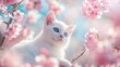 Cute white cat blue eyes are relaxing on a cherry blossom background. generative AI image