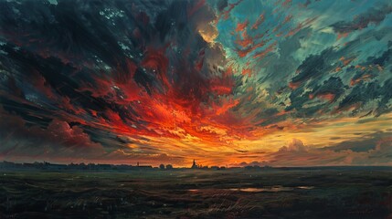 Wall Mural - A painting of a sunset with a large cloud in the sky