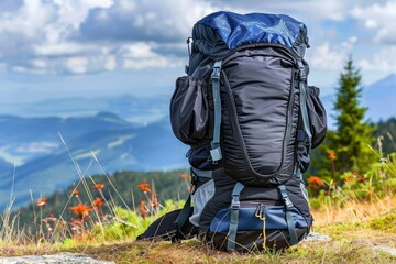 Tourist backpack on mountain cliff, adventure hacking concept for travel enthusiasts